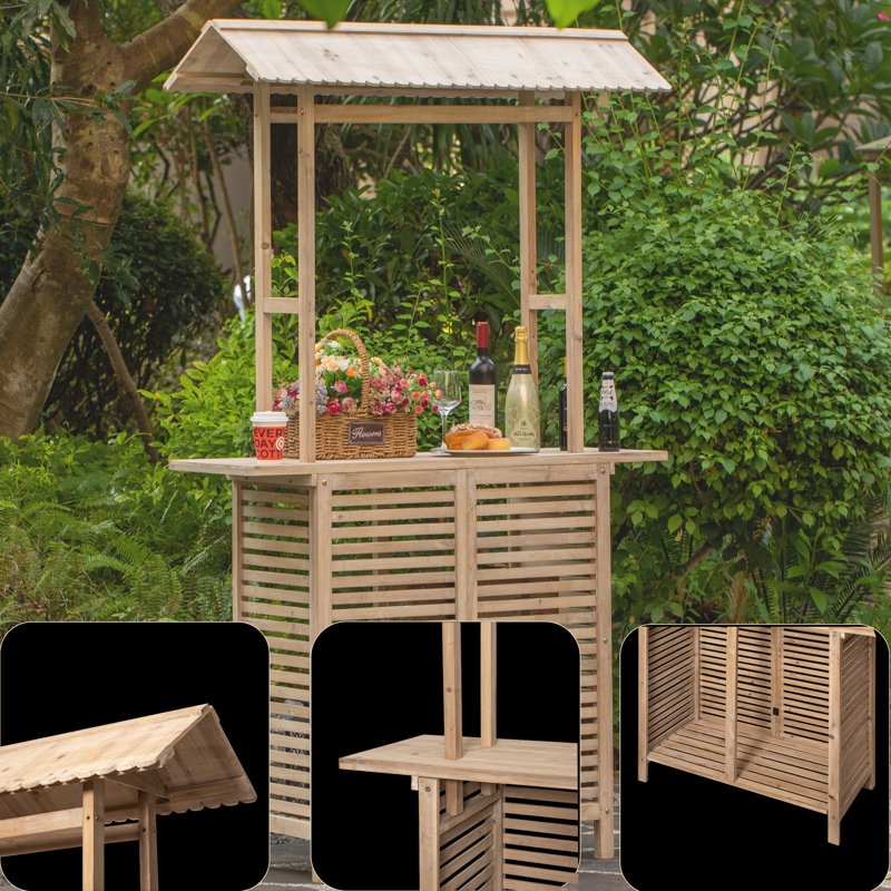 Arlmont & Co. Rustic Wooden Outdoor Bar Counter With Roof